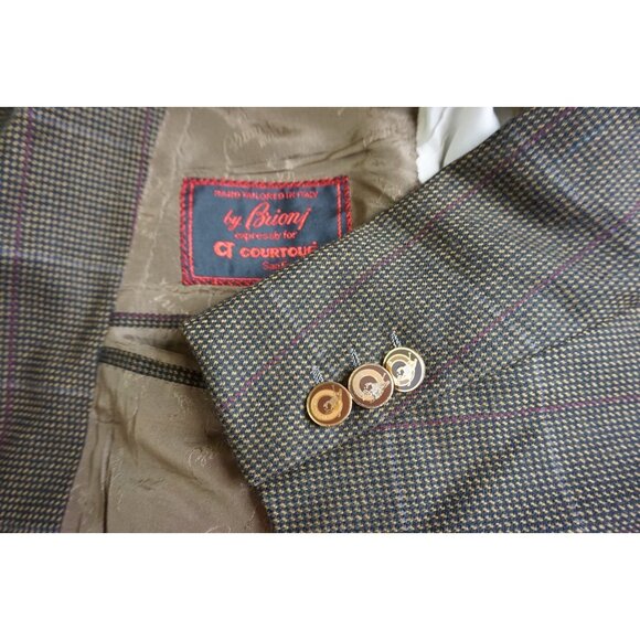 Brioni Cashmere Blend Brown Red Gray Plaid Metal Button Sport Coat Jacket Sz 44